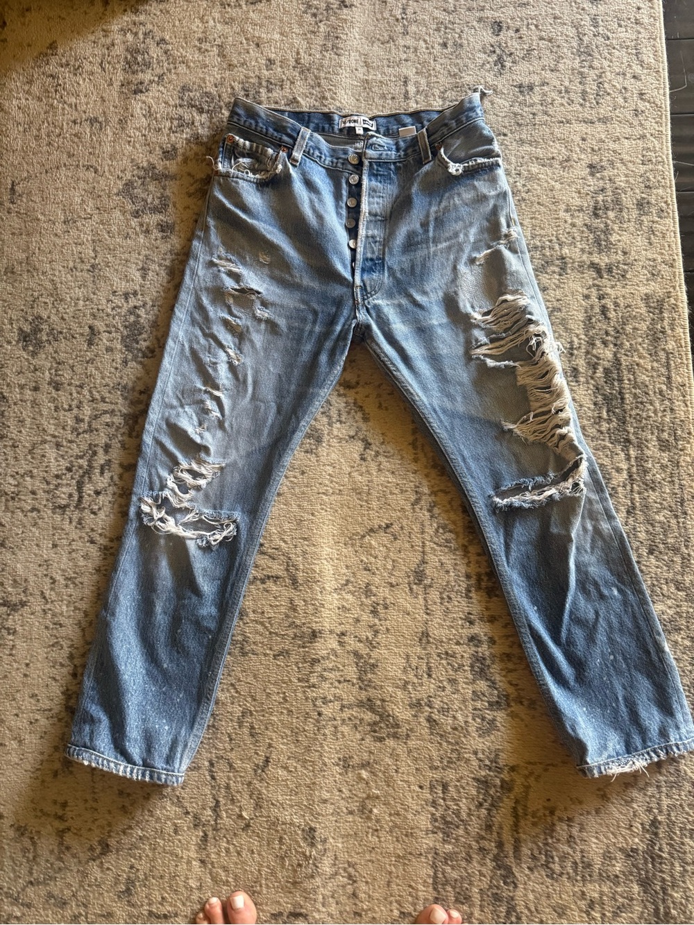 Re/Done Distressed Light Blue Straight Leg Jeans
